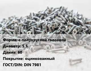Шуруп с полукруглой головкой 5.5х60 оцинкованный ГОСТ: DIN 7981, шт цена от 2.94 ₼ / кг, где купить, условия доставки в Баку и Бакинская области